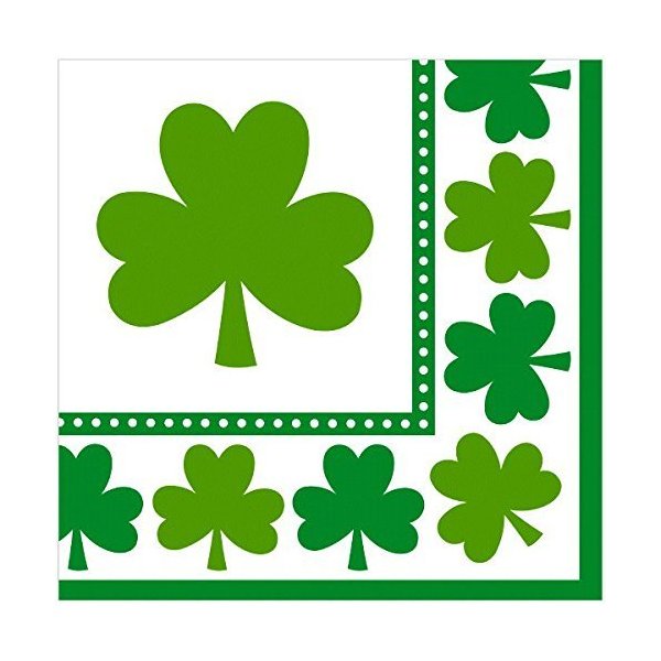Amscan Irish Saint Patricks Day Lucky Shamrocks Luncheon Napkins Party Tableware (48 Pack), 6 1/2 X 6 1/2, Green/White
