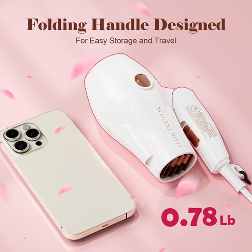 Portable Travel Hair Dryer Mini Size with Diffuser&Concentrator, 110~250V Dual Voltage Compact Hair Dryer for European Travel, Folding Handle Ionic Blow Dryer for Women and Men with EU Plug