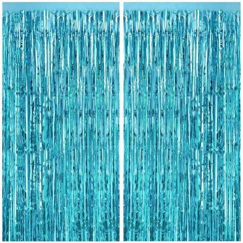 CANREVEL 2 Pack 3.3x8.2 Feet Light Blue Foil Fringe Backdrop Curtains, Tinsel Streamers Birthday Party Decorations, Fringe Backdrop for Birthday Baby Shower Mermaid Under The Sea Ocean Frozen Party