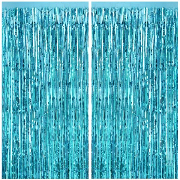 CANREVEL 2 Pack 3.3x8.2 Feet Light Blue Foil Fringe Backdrop Curtains, Tinsel Streamers Birthday Party Decorations, Fringe Backdrop for Birthday Baby Shower Mermaid Under The Sea Ocean Frozen Party