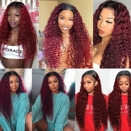 22 24 26 Inch 1B99J Bundles Ombre Red Deep Wave Human Hair Bundles Brazilian Unprocessed Virgin Hair Two Tone Black And Wine Red Bundles Human Hair Burgundy Deep Wave Bundles Remy Hair Extensions