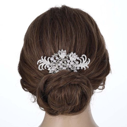 Latious Silver Bride Wedding Hair Comb Pearl Bridal Hair Clip Rhinestones Hair Piece Decorative Hair Accessories for Women and Girls