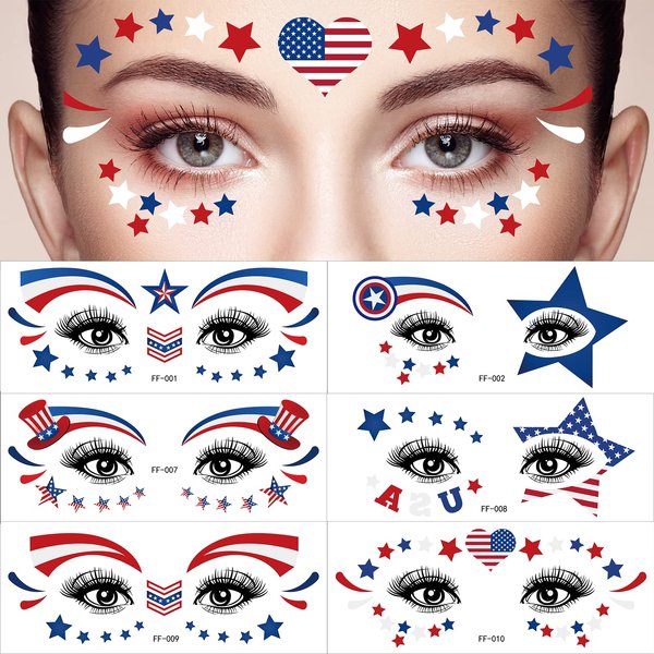 10 Sheets 4th of July Face Tattoos Stickers Independence Day Temporary Tattoos for Adult Kids, Red White Blue Patriotic Face Tattoos USA Memorial Day Party Favor Supplies for Body Eyes Face Decoration