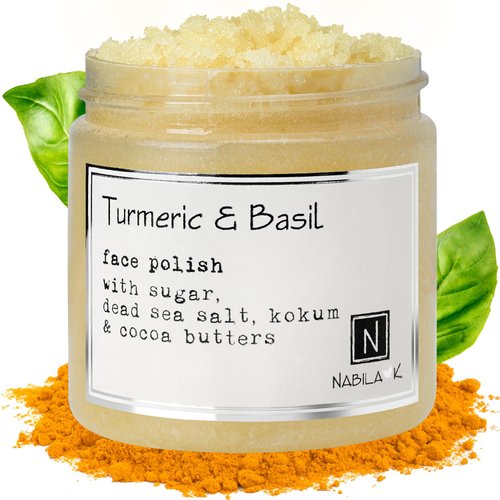 Nabila K - Turmeric & Basil Face Polish - Exfoliating Face Wash - For Acne & Dry Skin - Reduce Redness - Moisturizing & Nourishing Skin Care - Face Cleanser - Gentle for All Skin Types - Vegan - 5 oz