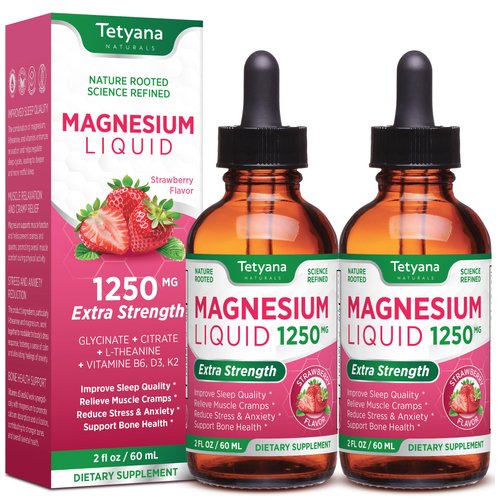 Magnesium Glycinate and Citrate Liquid for Women: 1250mg Magnesium, Vitamin B6, D3, K2, &amp; L-Thean...
