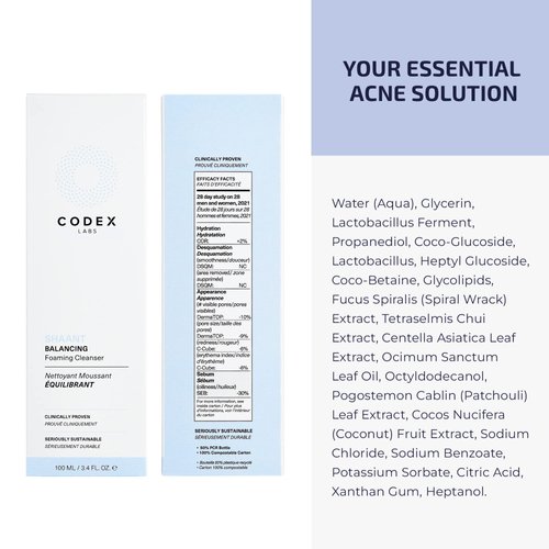 Codex Labs Shaant Balancing Foaming Face Cleanser - Oil Control & Pore Minimizer for Acne-Prone, Oily & All Skin Types - Micellar Water, Oil-Free, Vegan & Cruelty-Free (3.4 oz)