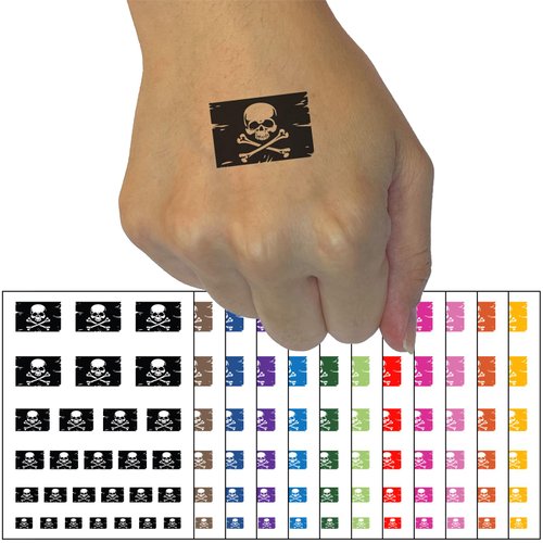 Skull and Crossbones Tattered Pirate Flag Jolly Roger Temporary Tattoo Water Resistant Fake Body Art Set Collection - White (One Sheet)