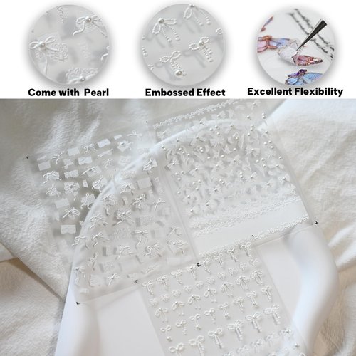 CESTSIREN White Bow Ribbon Nail Art Stickers Pearl Lace Rhinestones Embossed Nail Decals for Nail Art Design Self-Adhesive Nail Accessories for Women Nail Art Supplies 3 Sheets