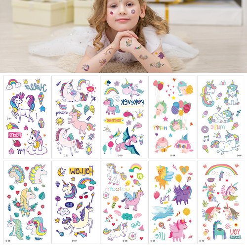 10 Sheets Unicorn Temporary Tattoo Kids, Temporary Tattoos for Kids, Birthday Party Supplies, Unicorn Favors Decorations,Princess Tattoos Sticker for Kids 6 7 8 9 10 year