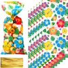 100 Hibiscus Luau Cello Bag Tiki Party Supply Aloha Luau Party Decorations, Hibiscus Goody Bags Candy Cellophane Bag Treat Bags for Hawaii Party Summer Table Setting