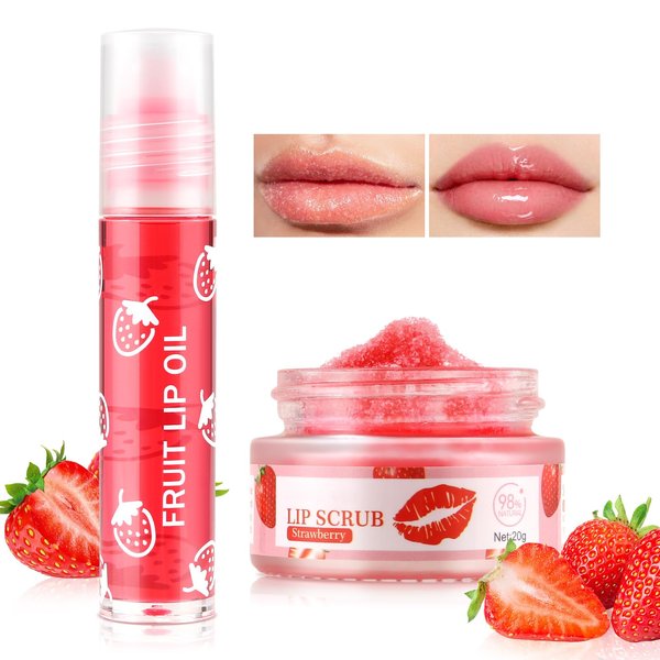 Boobeen Lip Scrub Set, Sugar Lip Scrubber Exfoliator and Hydrating Lip Oil, Moisturizer for Dry Cracked Peel Lips, Fruit Flavoured Lip Care, Delicate and Smooth
