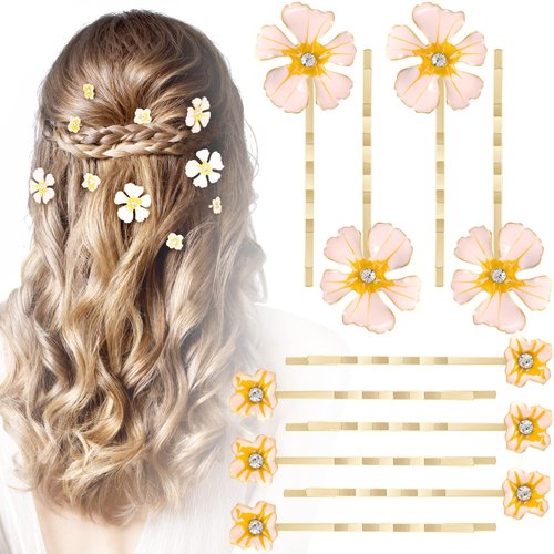 OIIKI Flower Hair Pins 10pcs, Pink Small Flower Hair Clips, Bridal Bridesmaids Wedding Bobby Pins Hairpin for Braids Buns Decorations, Decorative Headpiece Hair Accessories Jewels for Women Girls