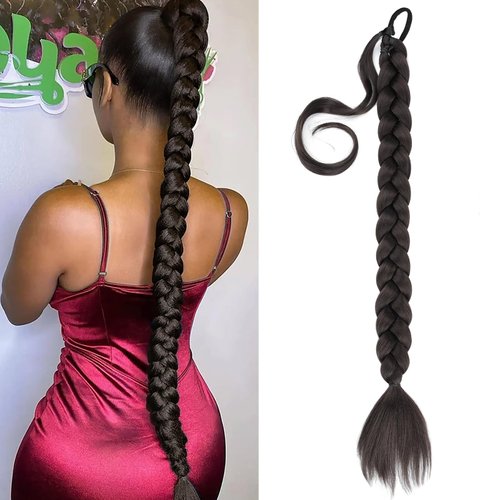 VOPPIS Long Braided Ponytail Extension 30 Inch Pre stretched Braiding Hair Extensions DIY Braid Ponytail Natural Soft Synthetic Hair Piece (Deep Brown, 30inches)