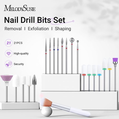 MelodySusie 21pcs Nail Drill Bit Set, Professional 3/32'' Ceramic Diamond Carbide Acrylic Gel Nail Art Tool Kit, Cuticle Remover Bit for Acrylic Gel Dip Powder, Nail Manicure Pedicure, Salon Home