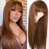 Nadula Hair Brown Yaki Straight Human Hair Glueless Wigs #4 Layer Cut Bang Wigs with 4x4Lace Closure Chocolate Brown Straight Wigs for Women No Glue No Gel Beginner Friendly 180% Density 18inch