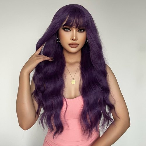 MAGQOO Dark Purple Wig Women Mardi Gras Wig Long Curly Wavy Deep Purple Wig with Bangs Synthetic Heat Resistant(Dark Purple)