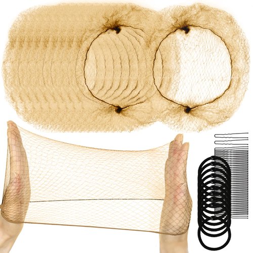 YGDZ 50cm Hair Nets for Buns, 40pcs - Light Coffee Nylon Mesh Hair Accessories for Ballet Girls, Food Service, Sleeping, Wig, Women, Girls, with 40 U Shaped Bobby Pins, Hair Ties