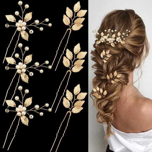 6 Pieces Bridal Wedding Hair Pins Gold Leaf Crystal Pearl Hair Pins Clips Headpiece Vintage Weddi...