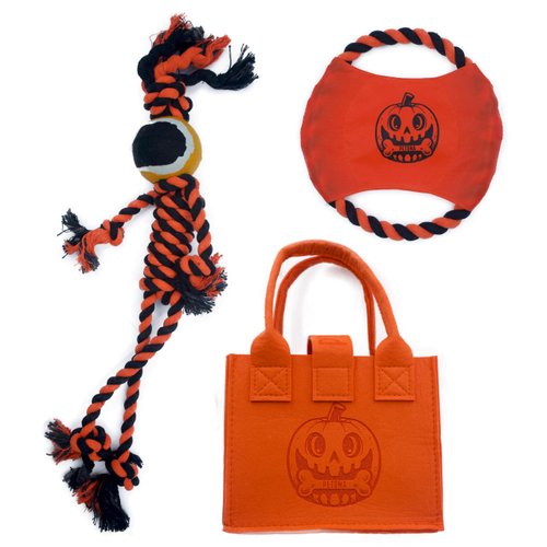 Festive Fun Scarecrown Autumn Harvest Pet Dog Rope Toy Set, Dog Flying Plate, Dog Tug Toy, Dog Rope Toy with Ball, Toy Storage Bag, Set Gift Box for Pets, 3 Pack