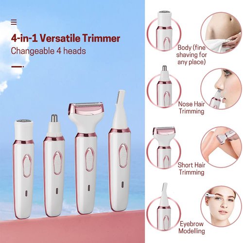 Vacto Electric Razor for Women, 4-in-1 Women’s Body Hair Removal, Pubic Shaver Bikini Trimmer for Eyebrow Face Body Underarm, Portable Ladies Shaver, Women’s Trimmer USB Rechargeable IPX7 Waterproof