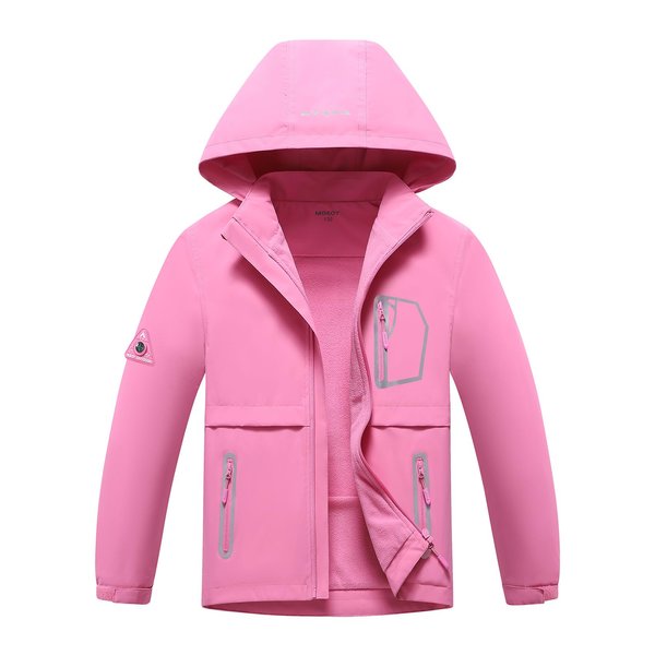 MGEOY Girls Rain Jacket Lightweight Waterproof Hooded Fleece Lined Raincoat Windbreakers for Kids Pink 7/8