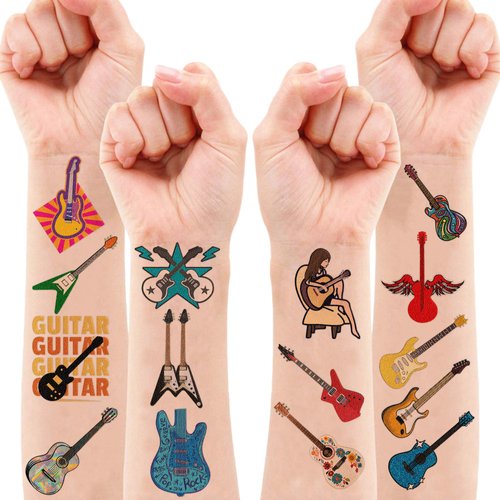 128 PCS Music Note Guitar Temporary Tattoos Sticker Music Birthday Party Decorations Supplies Favors Gifts Boys Girls Rock Guitars Musical Cute Fake Tattoo School Prizes Themed Decor Carnival