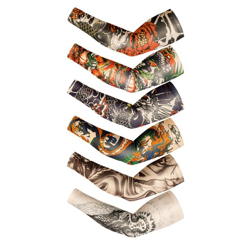Fourluoo 6 Pcs Temporary Tattoo Sleeves Thermal Arm Warmer for Men Women Winter Anti Slip Arm Sleeves for Cycling Running (Fashion)