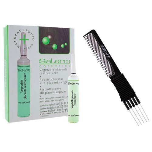 Salerm Cosmetics Vegetable Placenta Restructurer, Strengthens Hair, Prevents Thinning & Hair Loss, Contains Keratin (w/Sleek Teasing Comb) (4 Phials of 0.44 oz (PACK OF 1))