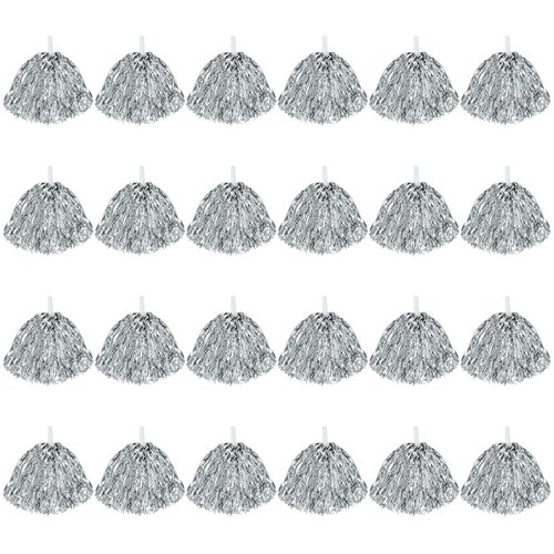 CUGBO 24Pcs Cheerleading Pom Poms, 1 Dozen Handle Metallic Foil Flower Ribbons Cheerleader Pompoms, Kids Children Ball Dance Sports Coaches Game Party Fancy (Silver)