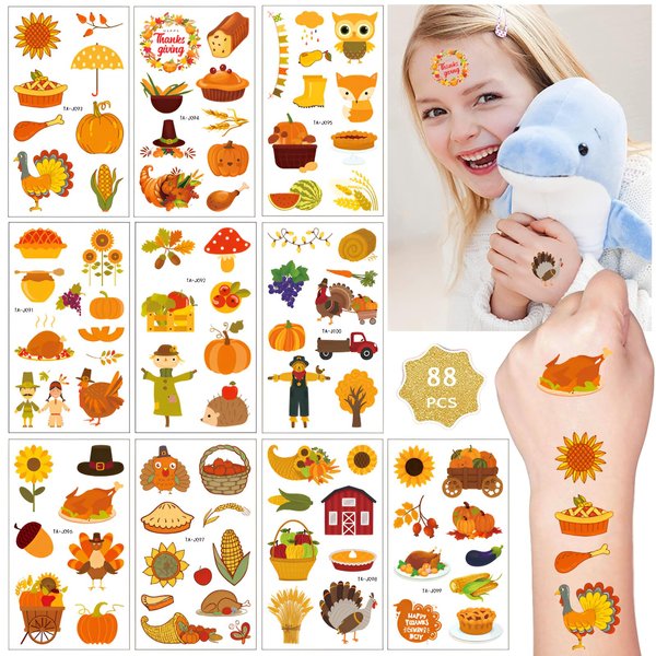 Y&C TENCOB Thanksgiving Day Waterproof Temporary Tattoos for Kids Boys Girls,Thanksgiving Party Favor for Kids Goody Bag(Thanksgiving)