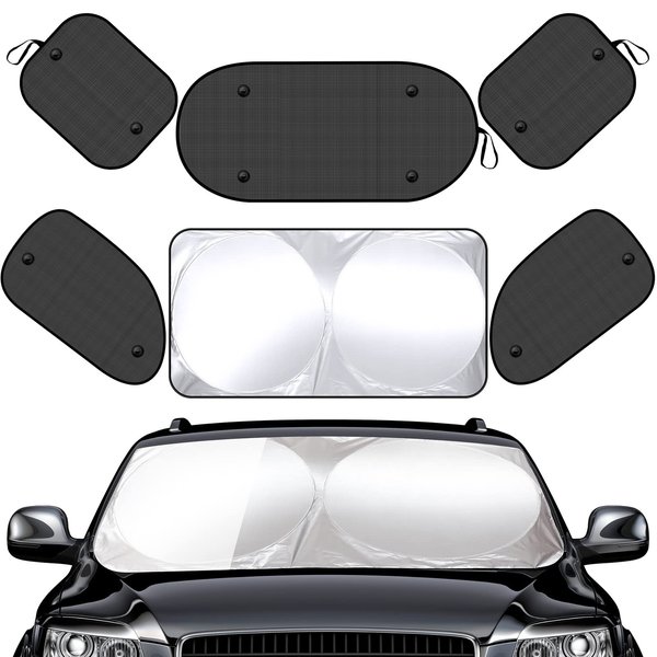 Tallew 6 Pieces Uv Protection Car Window Shades Set, Includes Sun Visor Windshield Shade, 4 Front Rear Side Window Shade Cling Sunshade, with Suction Cups for Baby (63 x 34 Inch)