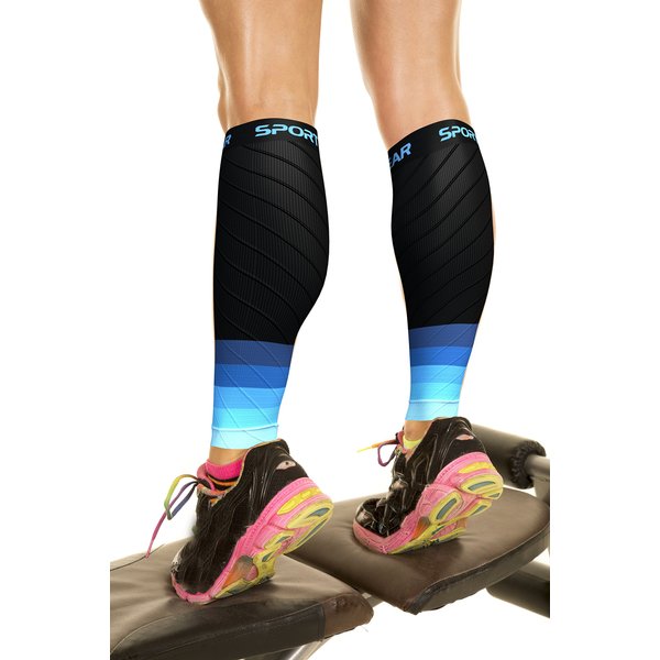 Compression Calf Sleeves Men & Women - Shin Splint Compression Sleeve 20-30mmhg, Best Footless Compression Socks for Achy Calf, Running, Nurses, Pregnancy, Post-Surgery Relief (1 Pair BLK-BLU S/M-M/L)