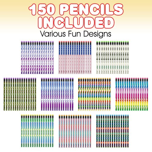 ArtCreativity 150 PC Pencil Assortment for Kids, Fun Assorted Number 2 Pencils, Bulk Wooden Writing Pencils with Erasers, Teacher Supplies for Classroom, Student Reward, Stationery Party Favors