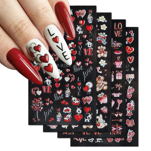 5D Embossed Valentines Day Nail Art Stickers Decals Self-Adhesive Pegatinas Uñas 5D Heart Love Nail Supplies Nail Art Design Acrylic Nail Stickers for Women DIY Decoration Accessories 4 Sheets
