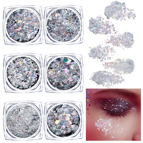 6pcs Face Glitter Gel Silver Body Glitter Gel with Two Brushes 6 Shapes Glitter for Hair,Mermaid Sequins Makeup Festival Glitter Gel for Body,Nails and Hair, Face Eyeshadow Christmas