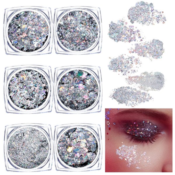 6pcs Face Glitter Gel Silver Body Glitter Gel with Two Brushes 6 Shapes Glitter for Hair,Mermaid Sequins Makeup Festival Glitter Gel for Body,Nails and Hair, Face Eyeshadow Christmas