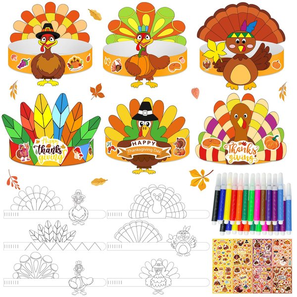 24 Sets Thanksgiving Turkey Craft Kits Fall Headbands Crowns Hats Thanksgiving Party Craft Activities Set Turkey Party Favors Decoration Supplies for Toddler School Classroom Activities