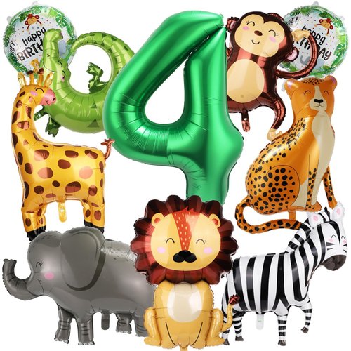 10pcs Jungle Safari Animal Balloons, Cute Jungle Theme Zoo Party Supplies Monkey Elephant Zebra Leopard Crocodile Giraffe Shaped for Birthday Party Decor (Number 4)