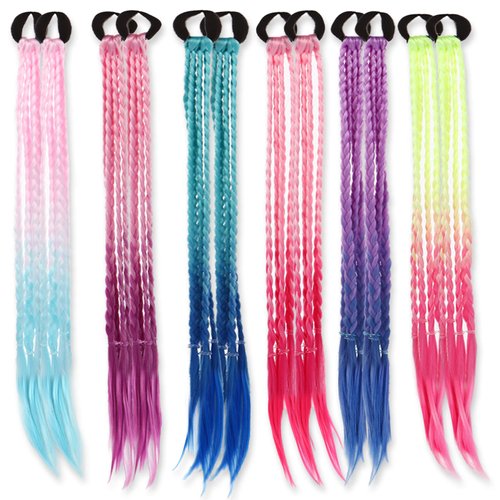 18 Inch Girls Rubber Bands Hair Extensions for Kids Crazy Hair Day Accessories Colorful Wigs Colored Braids for for Girls Women Hair with Rubber Bands Rainbow Braided Synthetic Ponytail for 12pcs