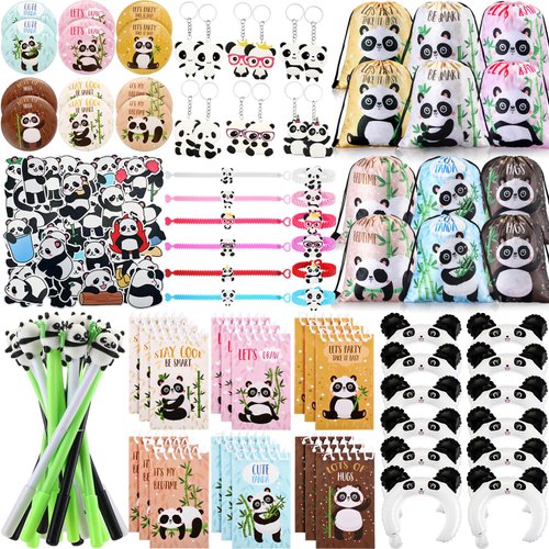 Abbylike 129 Pcs Panda Party Supplies Favors for Kids Panda Themed Birthday Party Supplies Gifts Include Panda Stickers Keychain Notebook Drawstring Bags Badges Pens Silicone Wristbands Headbands