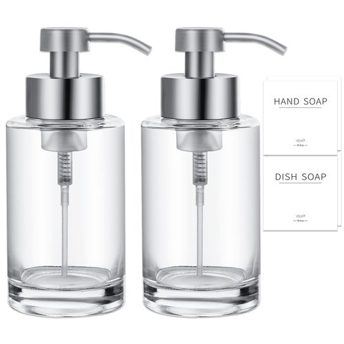 JiatuA Foaming Soap Dispenser Set, 17 Oz Clear Glass Hand Soap Dispenser with 304 Rust Proof Stainless Steel Pump, Waterproof Labels, Bottles for Bathroom Decor Kitchen College Dorm, 2 Pack