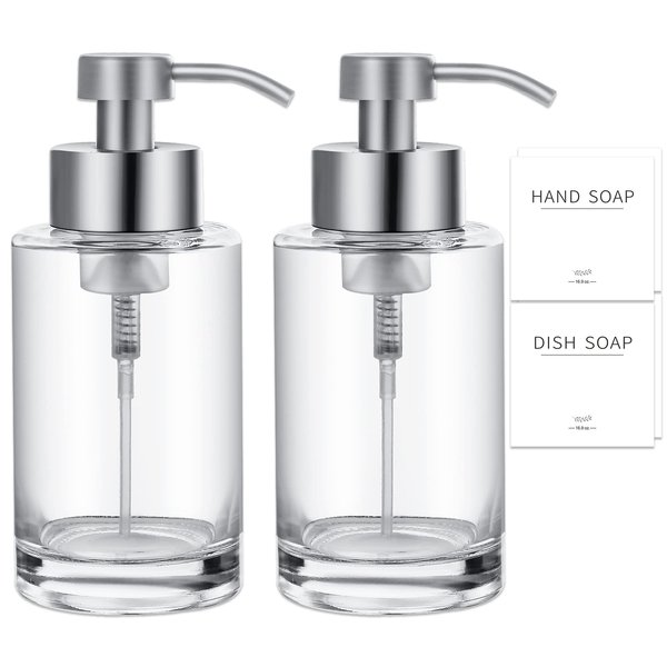 JiatuA Foaming Soap Dispenser Set, 17 Oz Clear Glass Hand Soap Dispenser with 304 Rust Proof Stainless Steel Pump, Waterproof Labels, Bottles for Bathroom Decor Kitchen College Dorm, 2 Pack