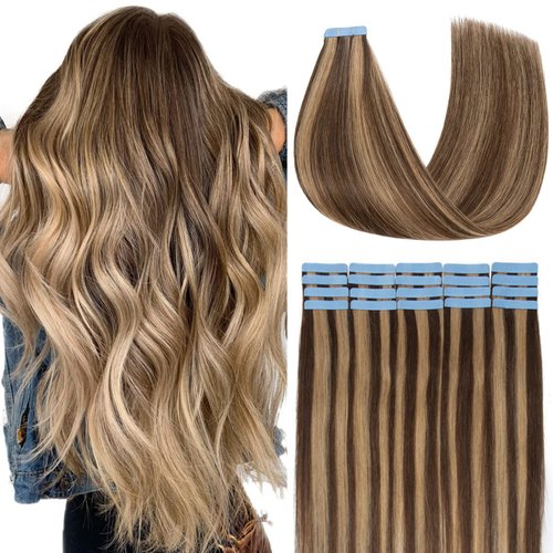 Tape in Human Hair extensions,Honey Blonde mixed Light Blonde Tess Seamless Silky Straight Hair Extensions, Invisible Tape-In Extensions for Women 20 Pieces 20g/ Pack, 14 Inches