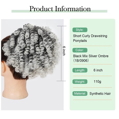 Halcyon Curly Ponytail Extension for Black Women Drawstring Ponytail Hair Extensions (6inch, Ombre Sliver)