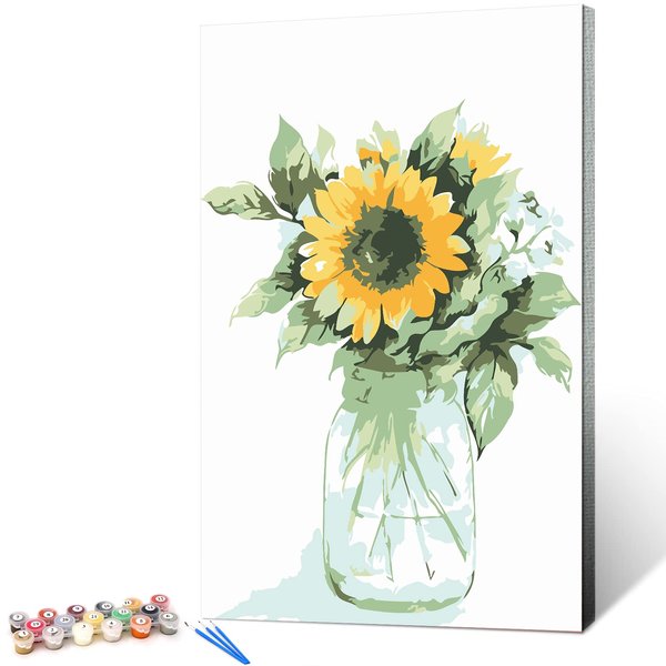 Ginkko Paint by Numbers for Adults Beginner & Kids Ages 8-12 with Wooden Frame Easy Acrylic on Canvas 9x12 inch with Paints and Brushes, Vase Sunflower(Include Framed)