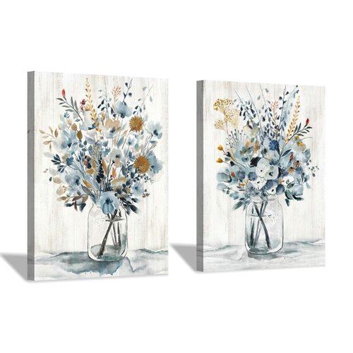 Floral Canvas Wall Art Prints: Abstract Blossom Flower Bouquet in Glass Bottle Picture Print on Canvas Small Size for Dining Room (12'' x 16'' x 2 Panels)