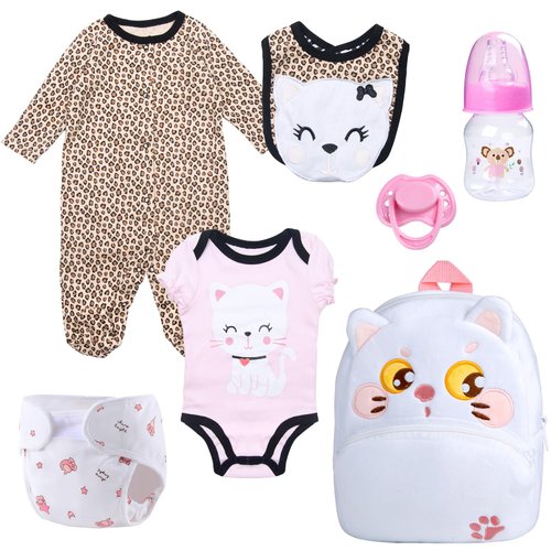 Reborn Baby Doll Clothes with Backpack Diaper fit 17-22 Inch Baby Dolls Cute Cat Pattern Design Leopard Print Reborn Dolls Clothing Feeding Bottle Accessories 7 Pieces of Pack