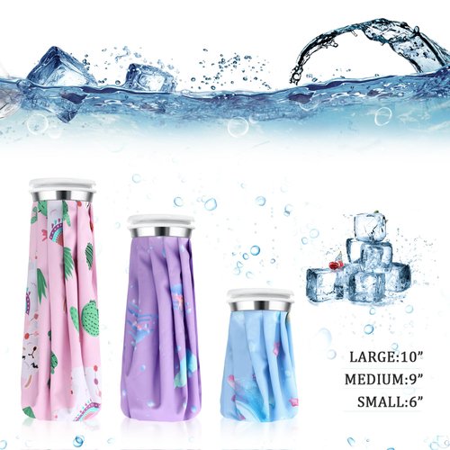 Shihanee 3 Pcs Ice Pack for Injuries, Reusable Hot Water Bag with Screw Top, Hot Cold for Sports Knee Head Leg Shoulder Back Injury, 6 Inch 9 Inch 10 Inch(Multicolor,Mermaid Style)