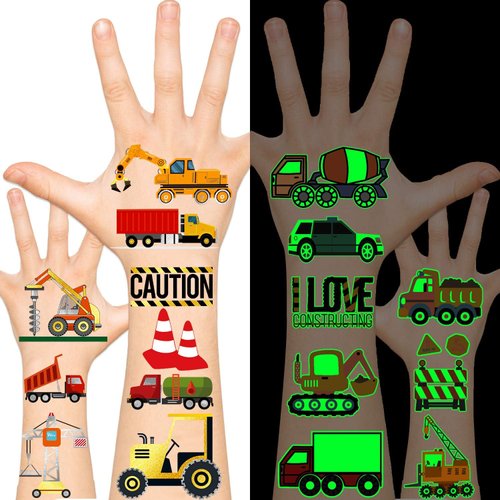 Leesgel 35 styles Construction Temporary Tattoos for Kids, Christmas stickers for kids, Construction Tractor Truck Party Decorations Favors, Tattoo Stickers for Boys Gifts (Glow + Metallic Glitter)