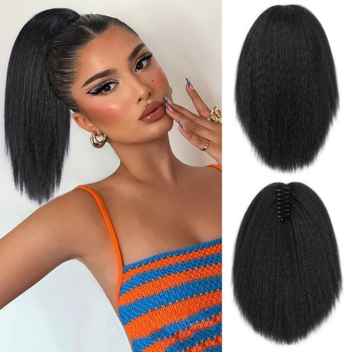 FAVE 12 Inch Kinky Straight Ponytail Ponytail Extension for Black Women Natural Yaki Ponytail Flu...